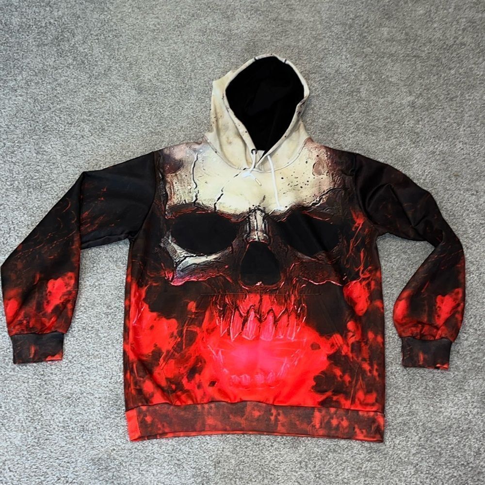 Rare Printed Burning Death Skull In Hades Hell Hooded Hoodie sweatshirt XL/L